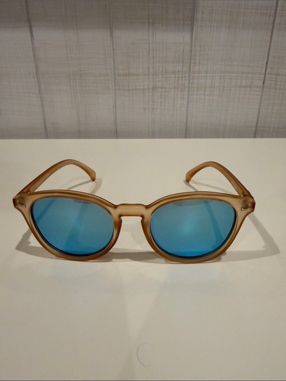 Le Specs Tan Frame Sunglasses with Blue Mirrored Lenses